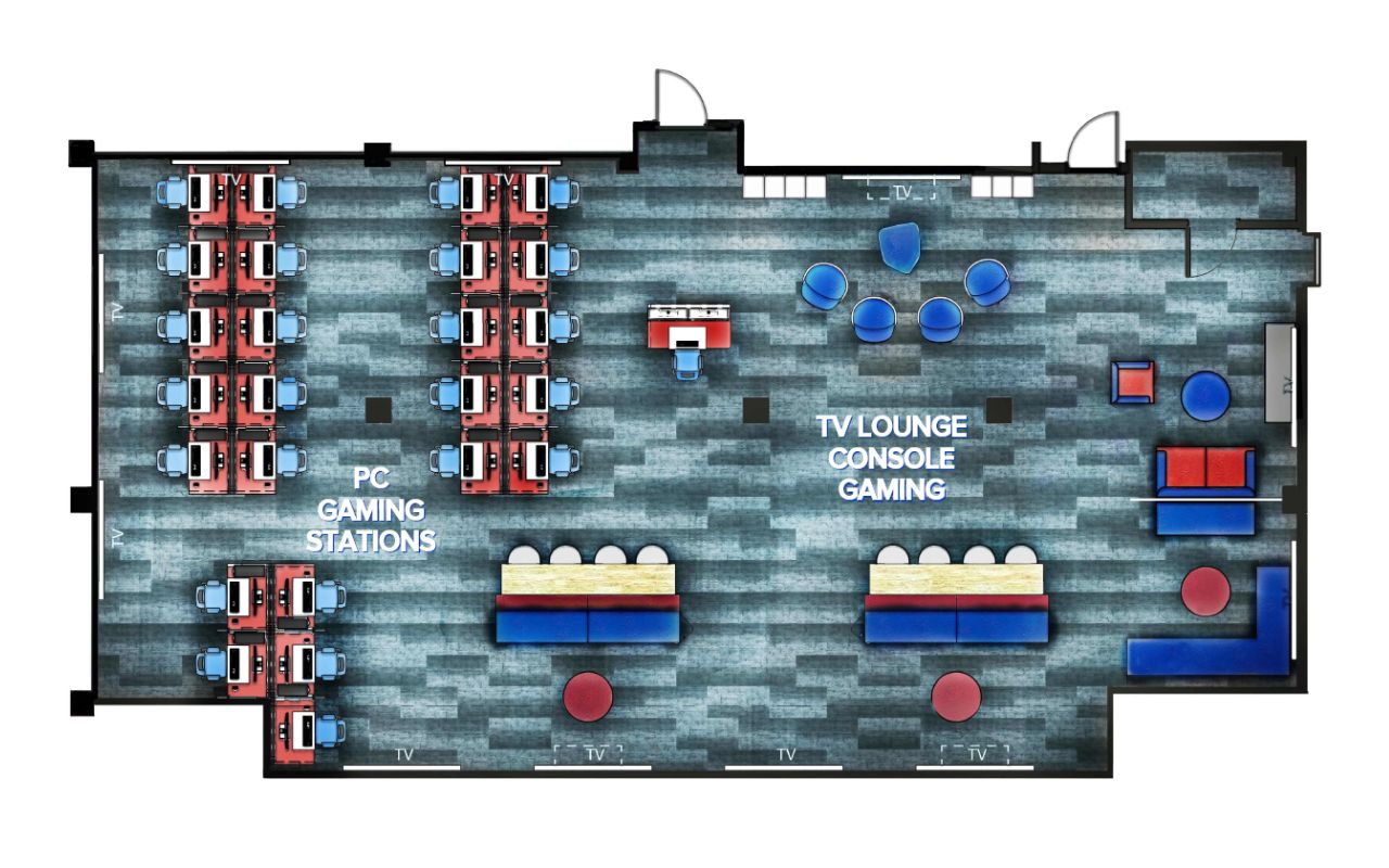 Floor layout of the esports lounge when set up for casual drop-in play