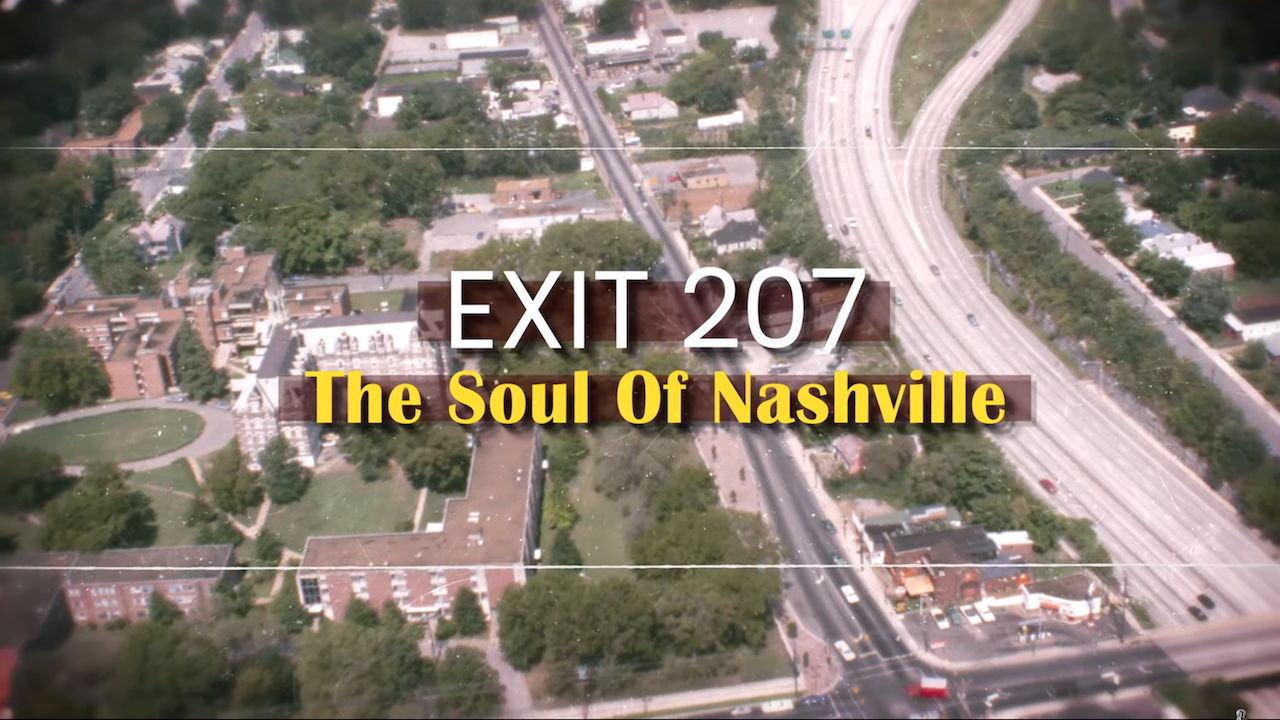 drone shot of a neighborhood with overlaid text saying "Exit 207: The Soul of Nashville"