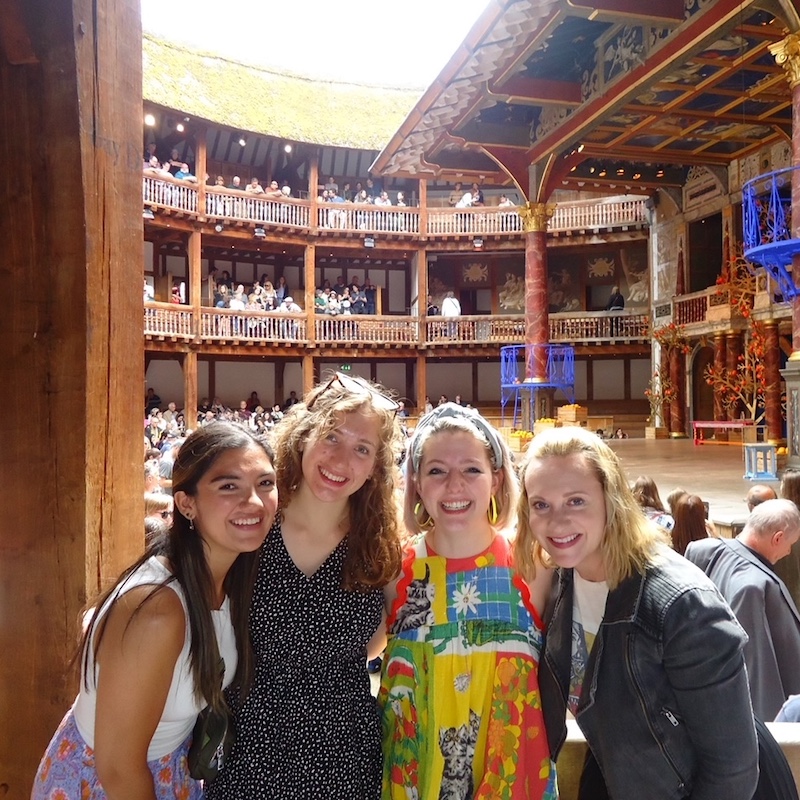 Aubrey and students at Globe Theatre