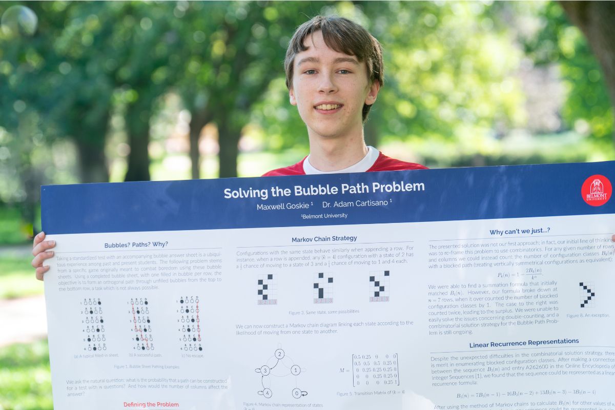 Max Goskie holds his poster on Belmont's lawn