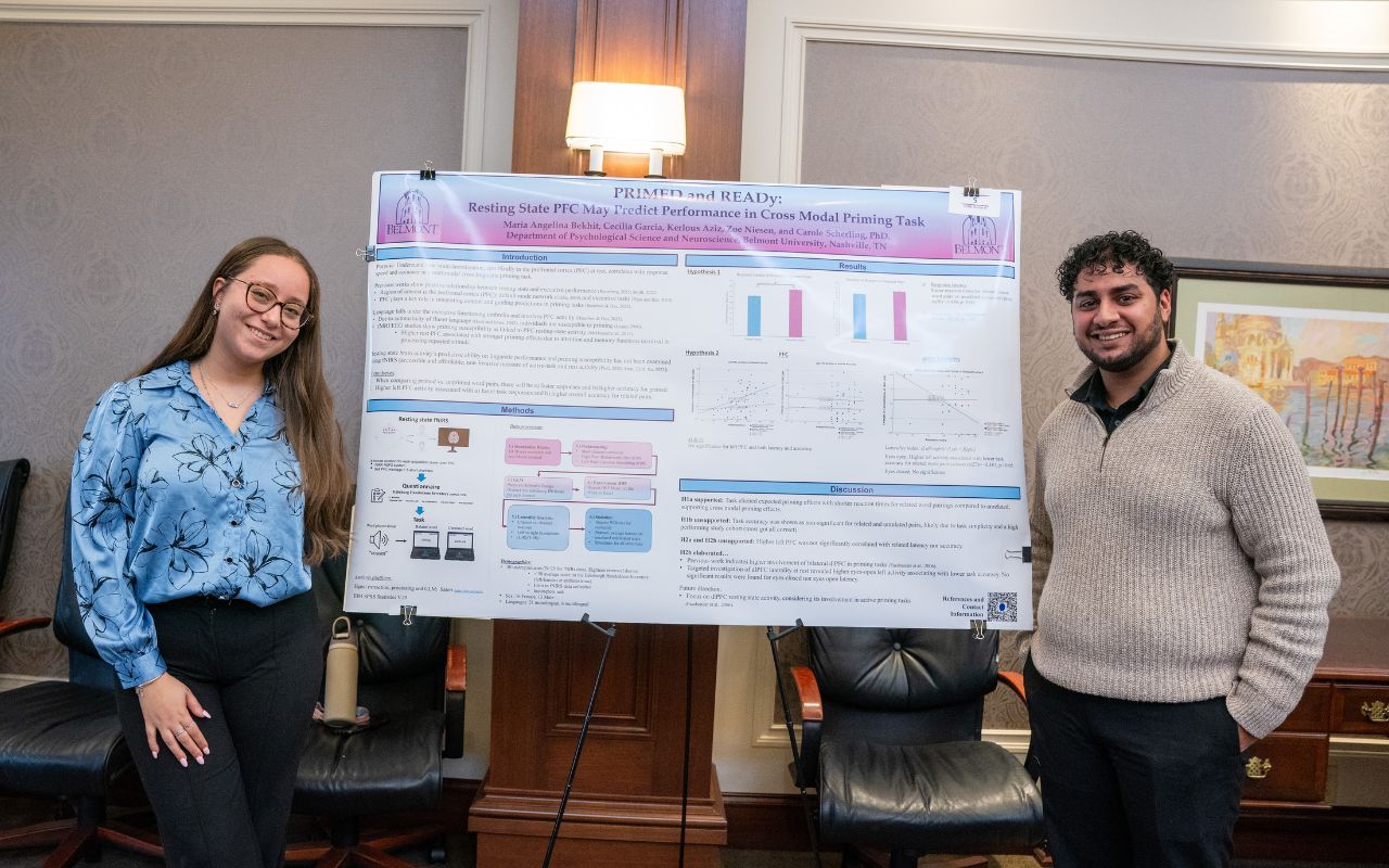 Two students pose with their poster