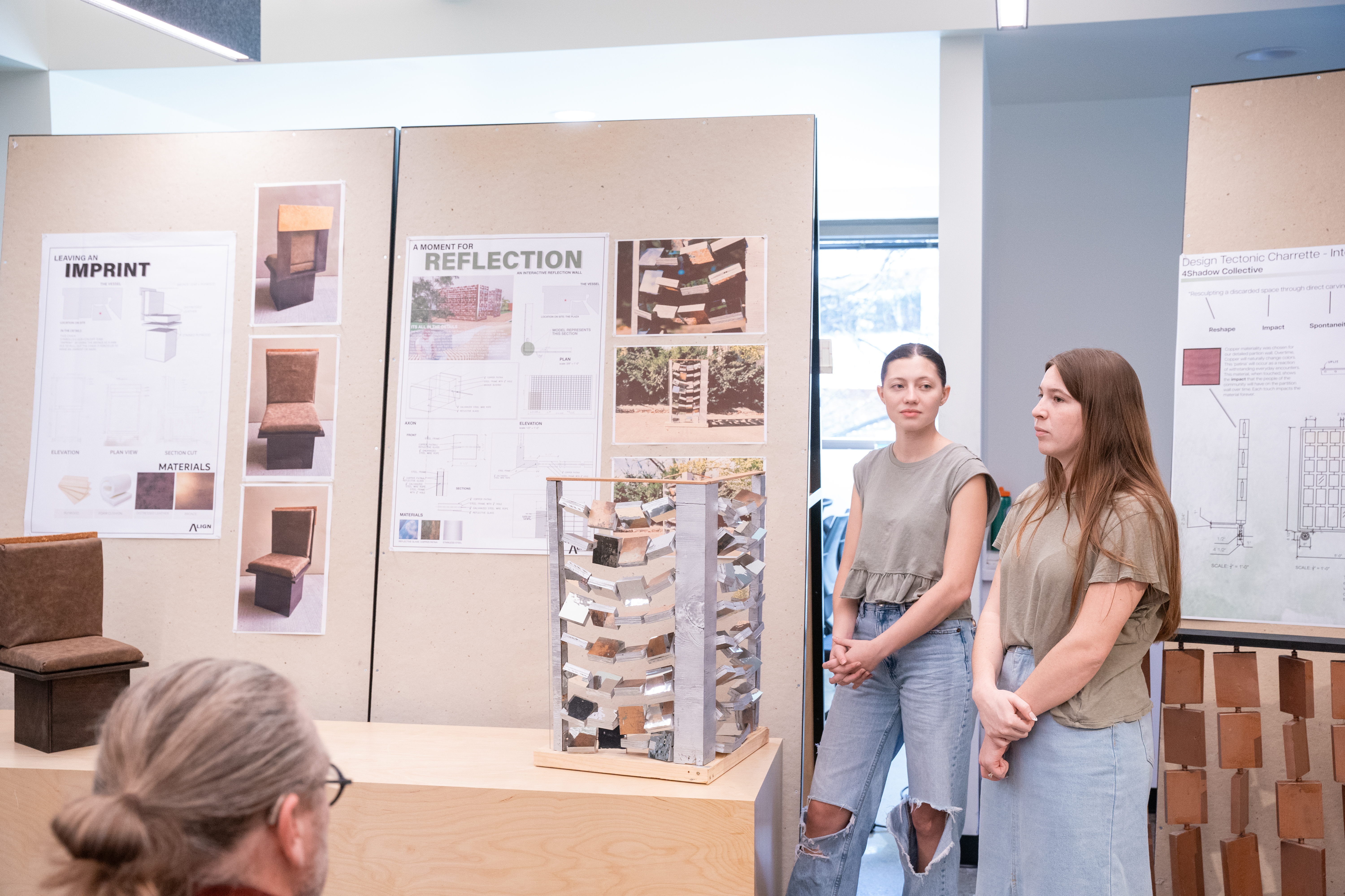 O'More students showing their full-scale tangible designs for their joint studio project