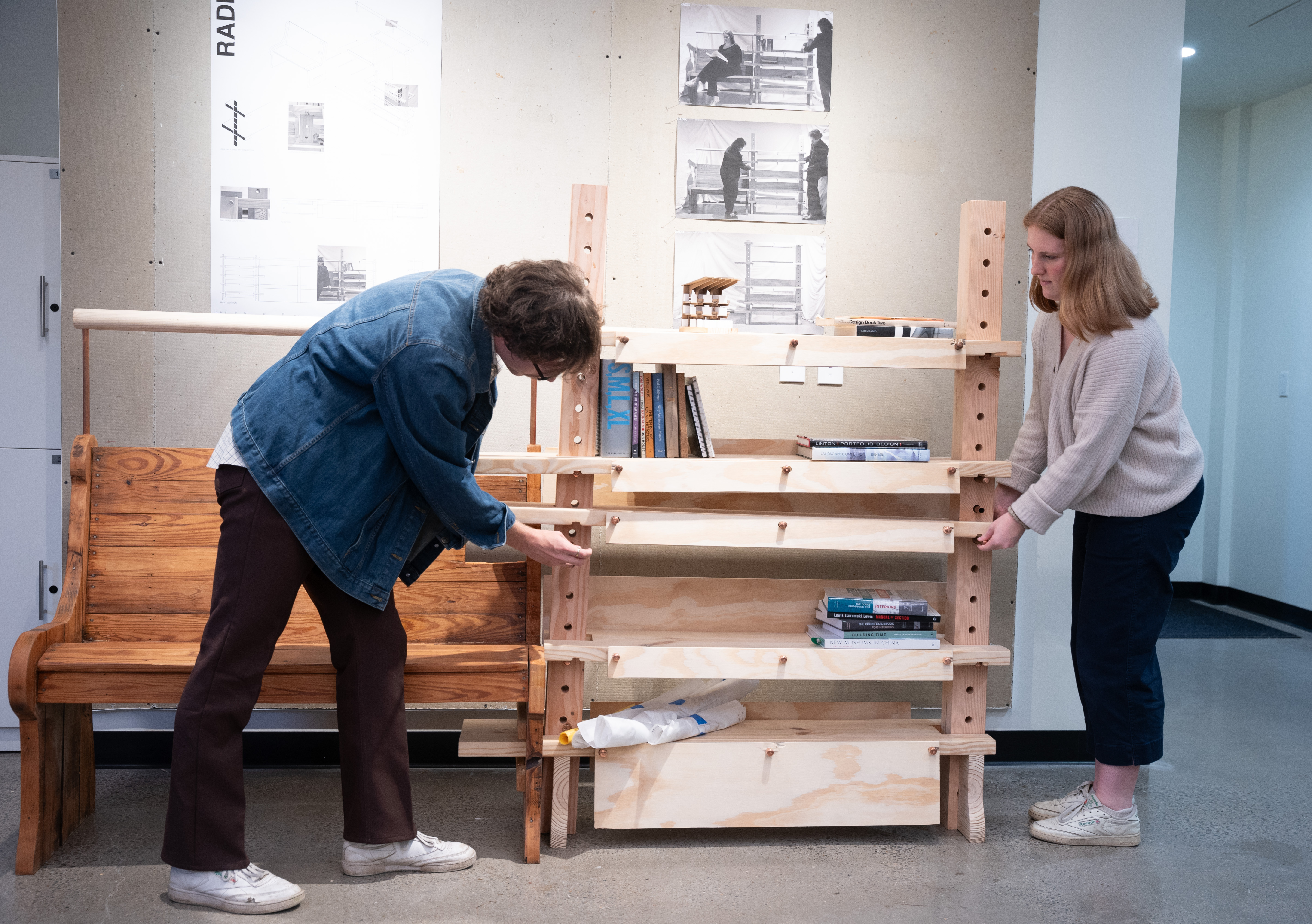 O'More students working on a shelf for their joint studio project