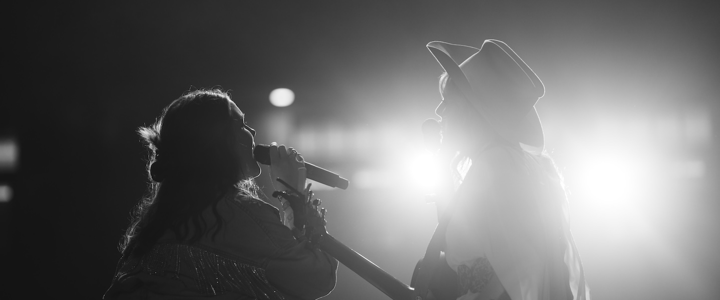 black and white image of two performers