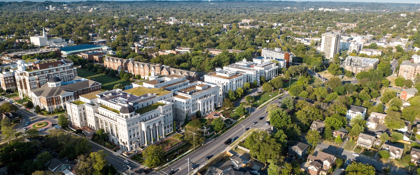 drone shot of campus from wedgewood avenue