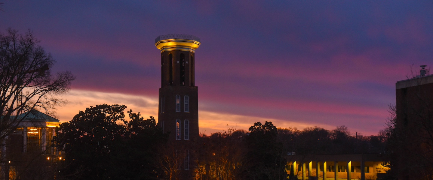 Belmont bell tower at dusk