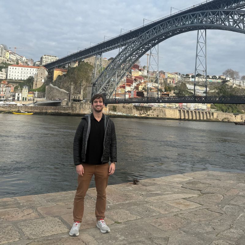 Hornback in front of a bridge by a river in Spain