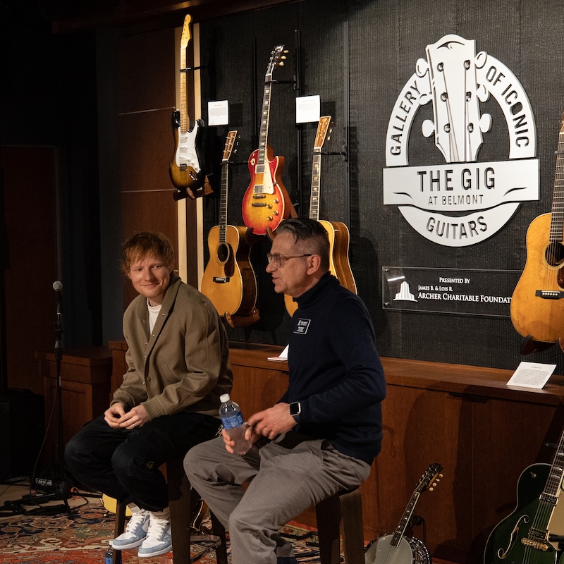 Ed Sheeran with Drew Ramsey at The Gallery of Iconic Guitars at Belmont 