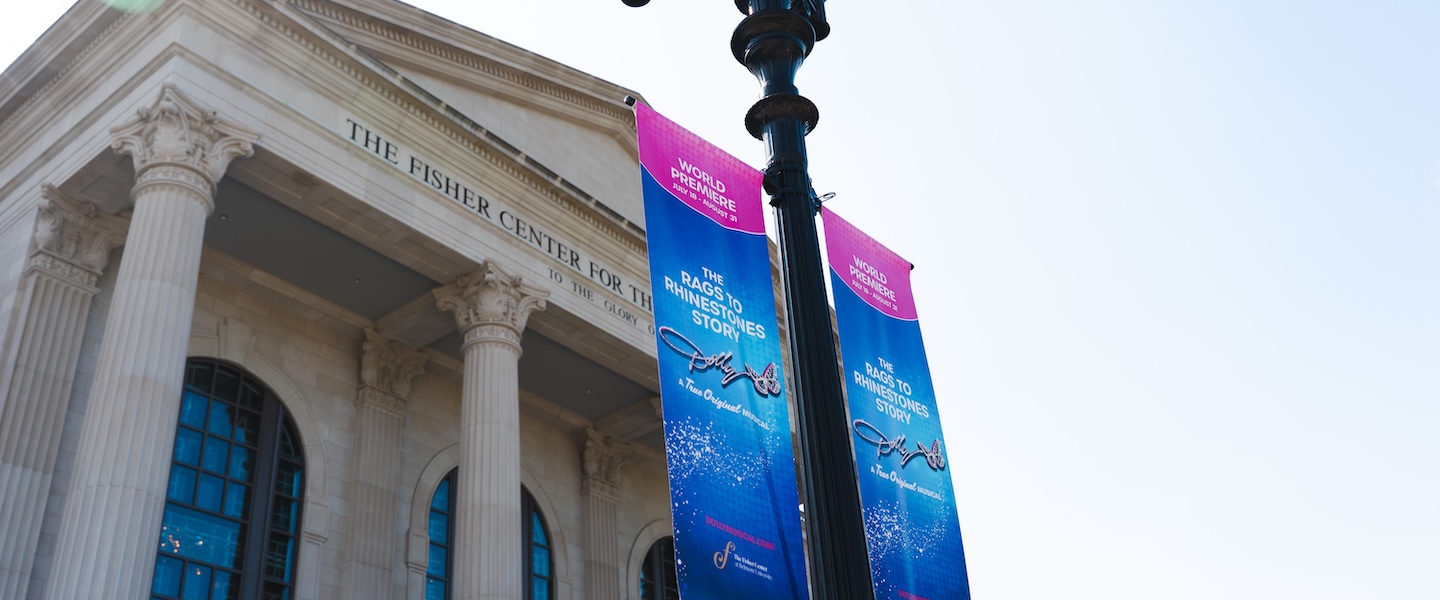 A sign advertising the Dolly Musical outside of Belmont's Fisher Center for the Performing Arts