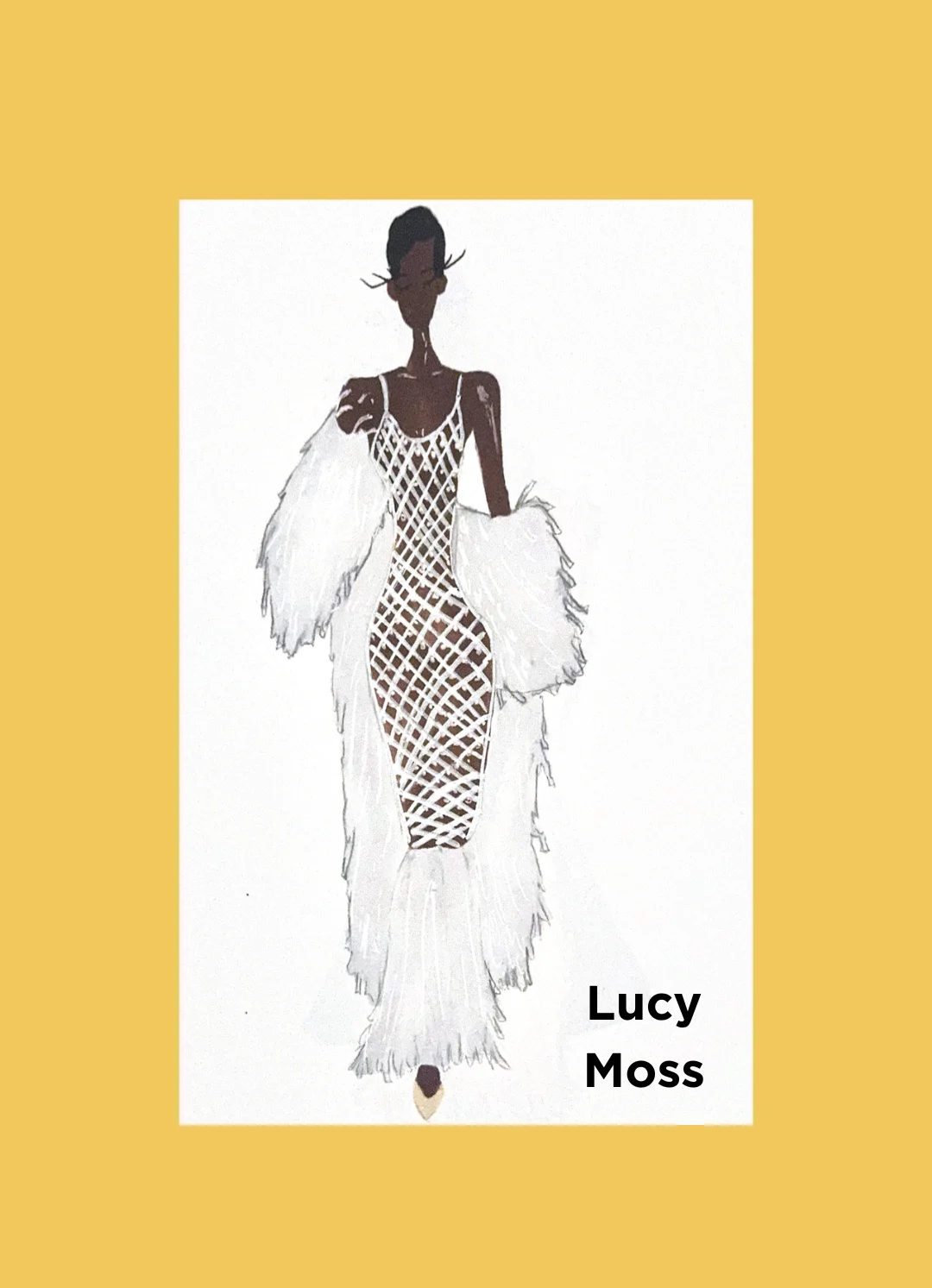 Fashion illustration of a model in a white lattice gown with dramatic feathered sleeves and hem, set against a yellow background. Designed by Lucy Moss. 