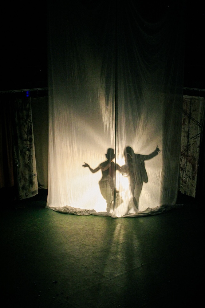 shadow of two performers behind a sheet
