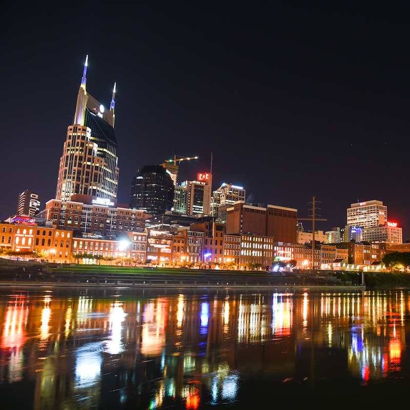 Nashville skyline on the river at night