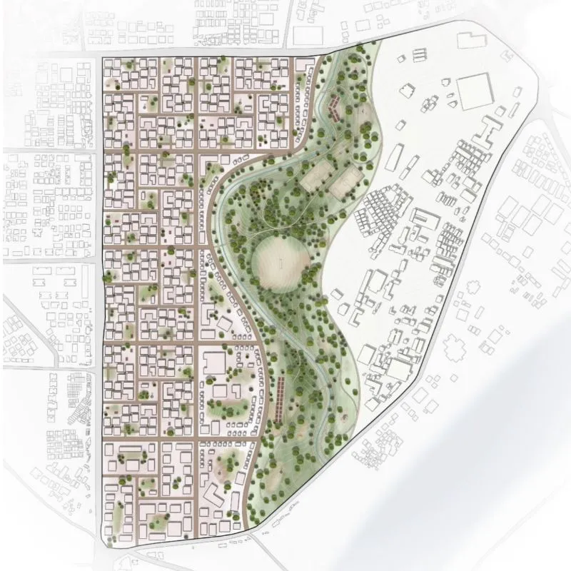 An overall site plan showing how the landscape manages flooding and how the neighborhood is organized.