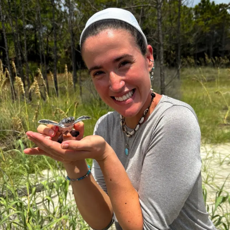 Makenzie Boylston holding a sea turtle hatchling