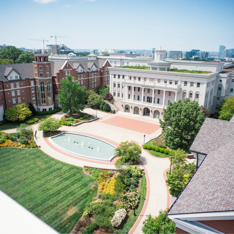 An aerial photo overlooking the main lawn at Belmont University