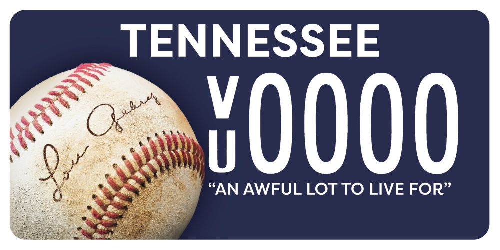 Tennessee license plate with Y0000, Lou Gehrig signed baseball, and the quote 'An Awful Lot to Live For'.