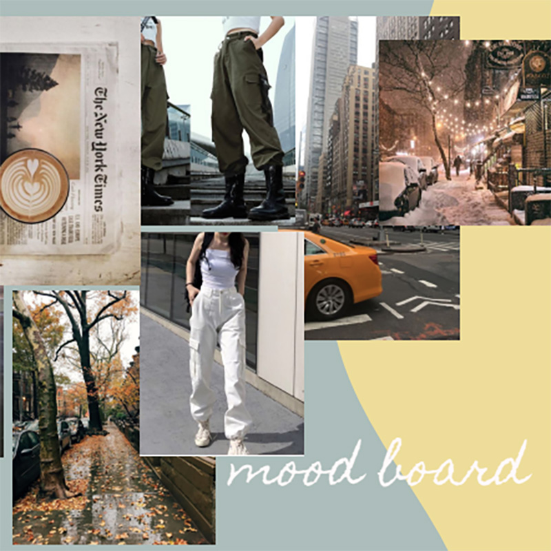 Moodboard of a newspaper with coffee, two styles of baggy cargo pants, a dreamy winter scene, a rainy New York street, and a yellow taxi cab.