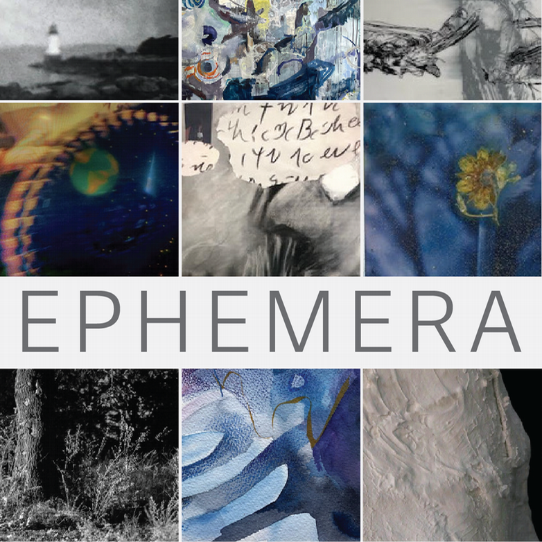 Collage of abstract and mixed media artworks above the word "EPHEMERA" in bold gray text.