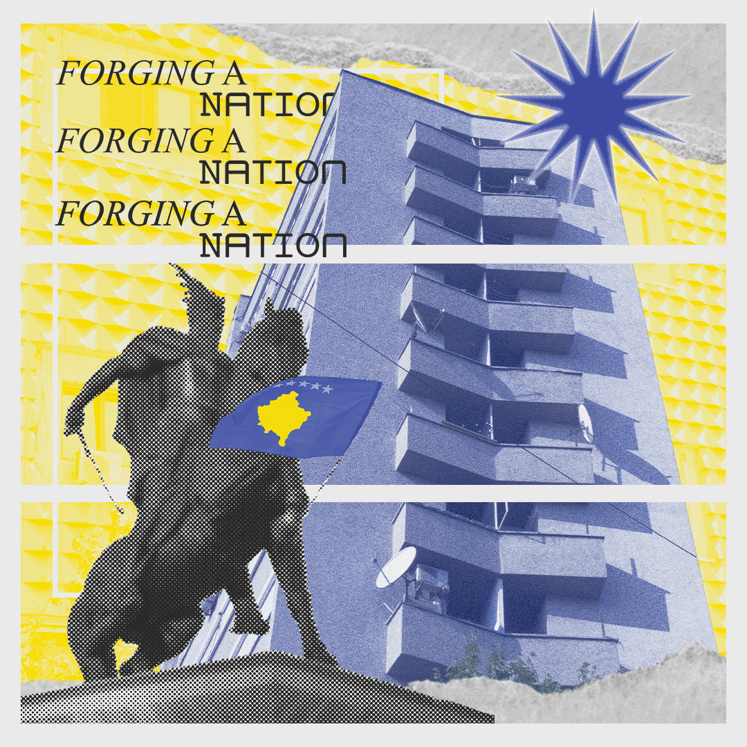 graphic of building with sun in upper right corner and statue of person on horseback