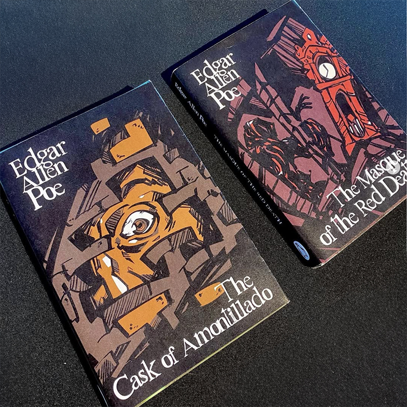 Two Edgar Allen Poe Books with hand illustrated covers sitting on a table. 
