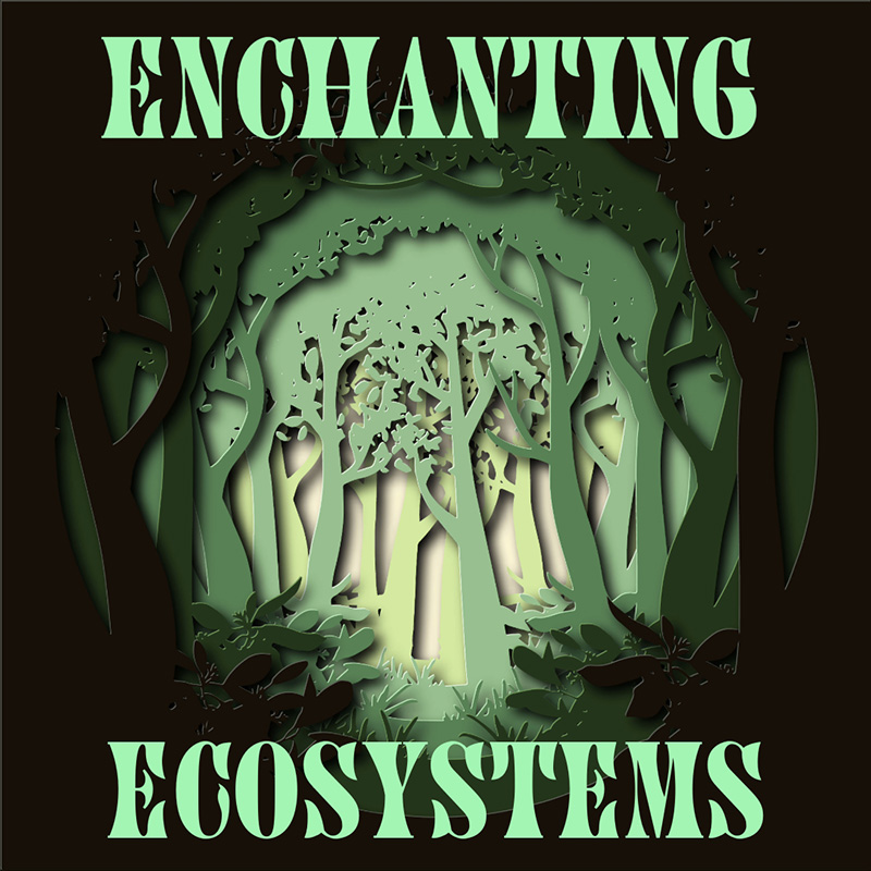 graphic of the text Enchanting Ecosystems surrounding a forest in a dark circle