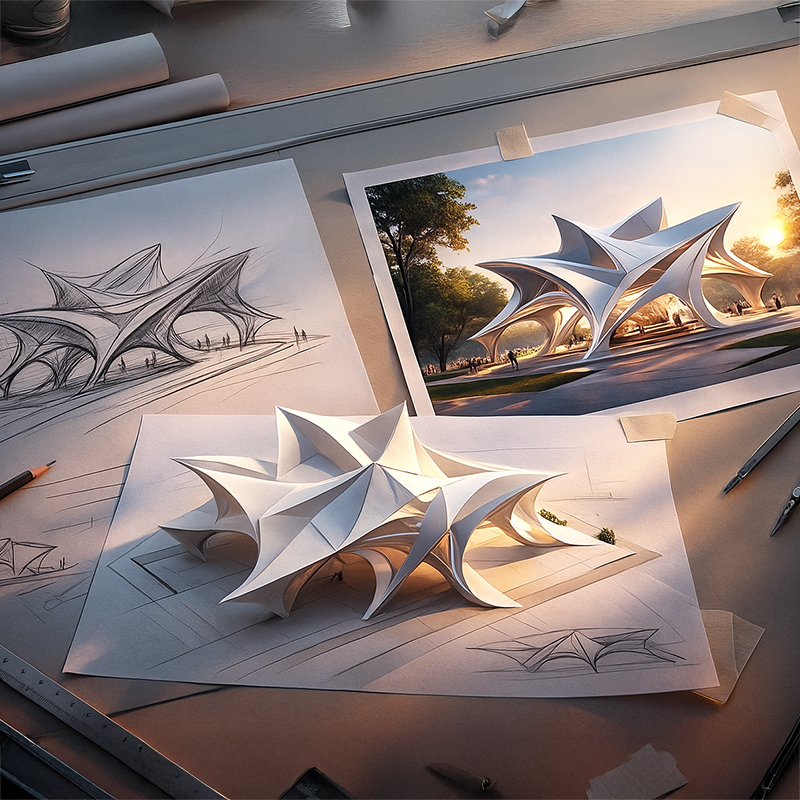 A sketch of an organic arched building design sitting next to a 3D print of the same design. 