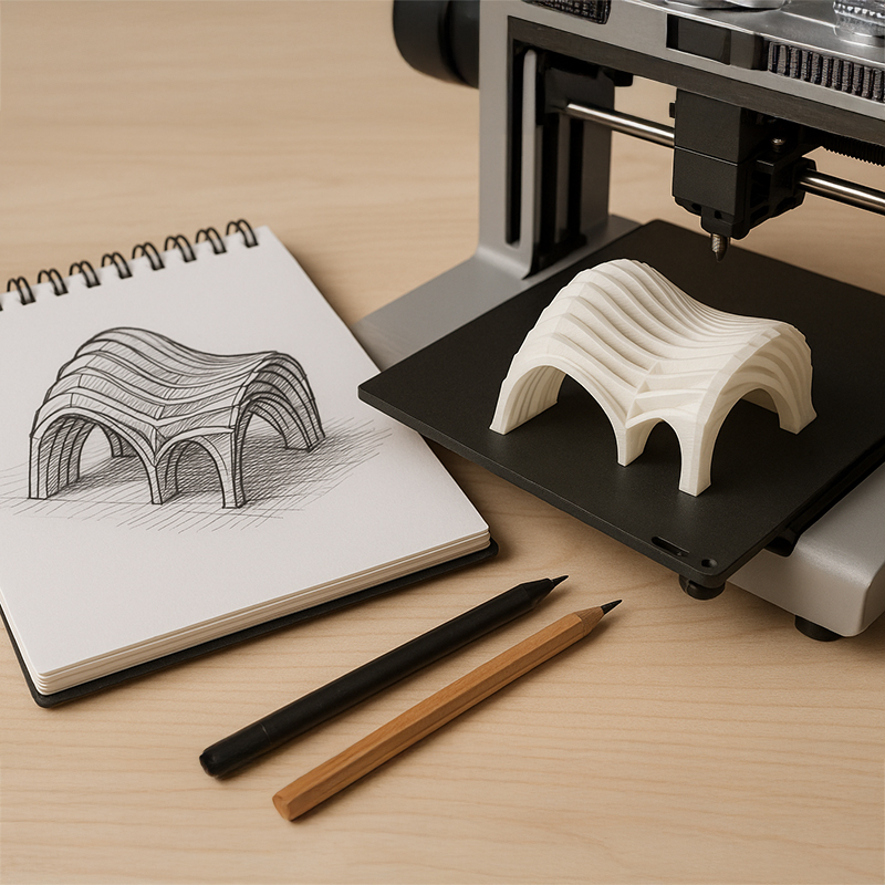 A sketch of an organic arched building design sitting next to a 3D print of the same design. 