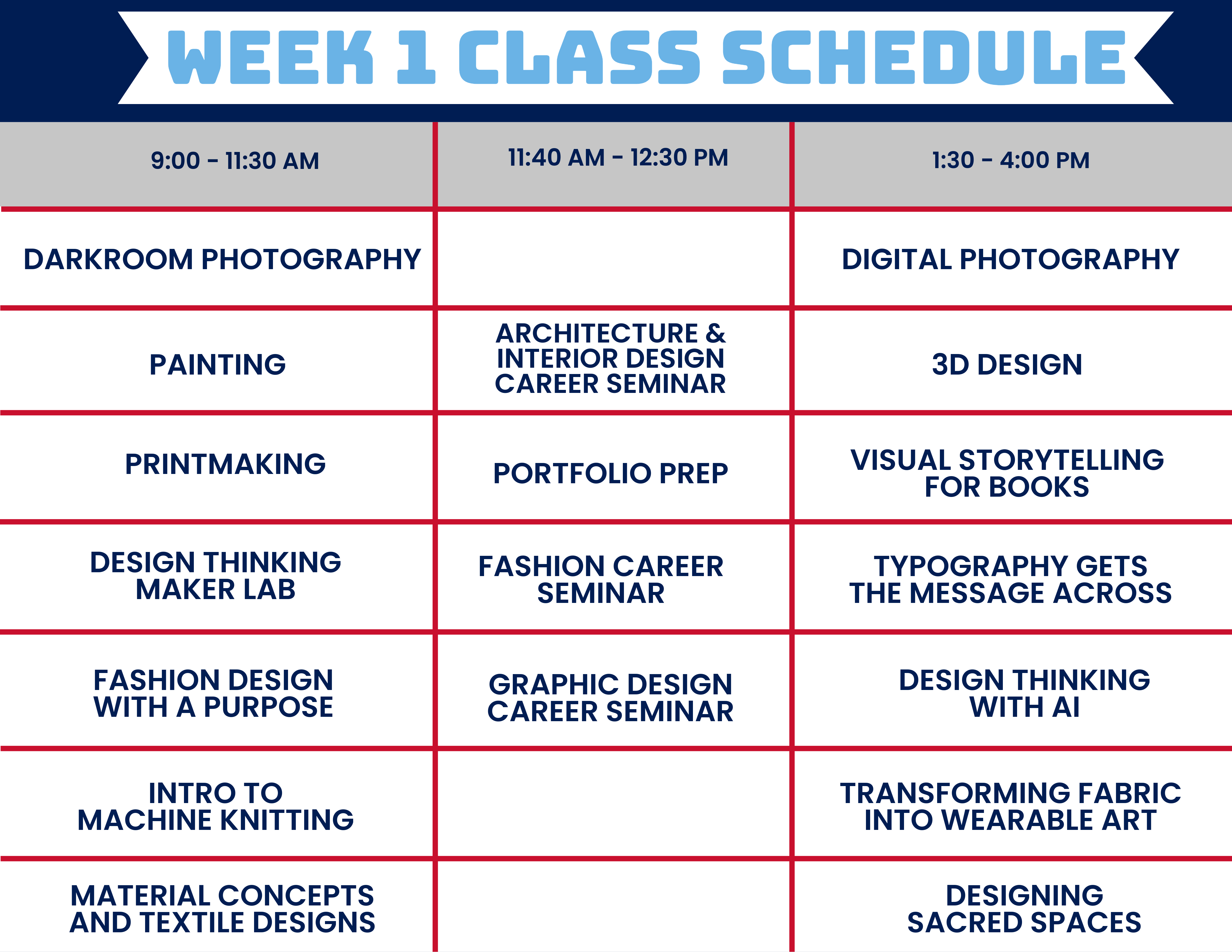 Graphic that says Class Schedule at the top in light blue. The left column from top to bottom reads: 9:00 - 11:30 AM, Darkroom Photography, Painting, Printmaking, Design Thinking + Maker Lab, Fashion Design with a Purpose, Intro to Machine Knitting, Material Concepts and Textile Design. The middle column from top to bottom reads: 11:40 AM - 12:30 PM, Architecture and Interior Design Career Seminar, Portfolio Prep, Fashion Career Seminar, Graphic Design Seminar. The right column from top to bottom reads: Digital Photography, 3D Design, Visual Storytelling for Books, Typography Studio, Design Thinking with AI, Transforming Fabric into Wearable Art, Designing for Sacred Spaces. 
